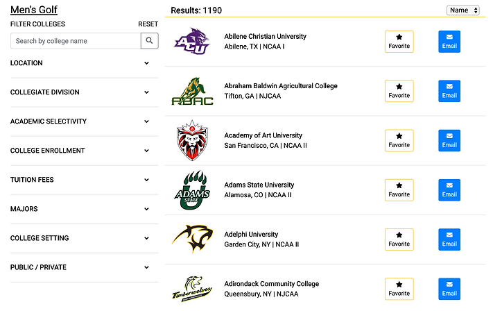 ImRecruitable college search: filters for division, location, and tuition beside a list of colleges with Favorite and Email buttons.