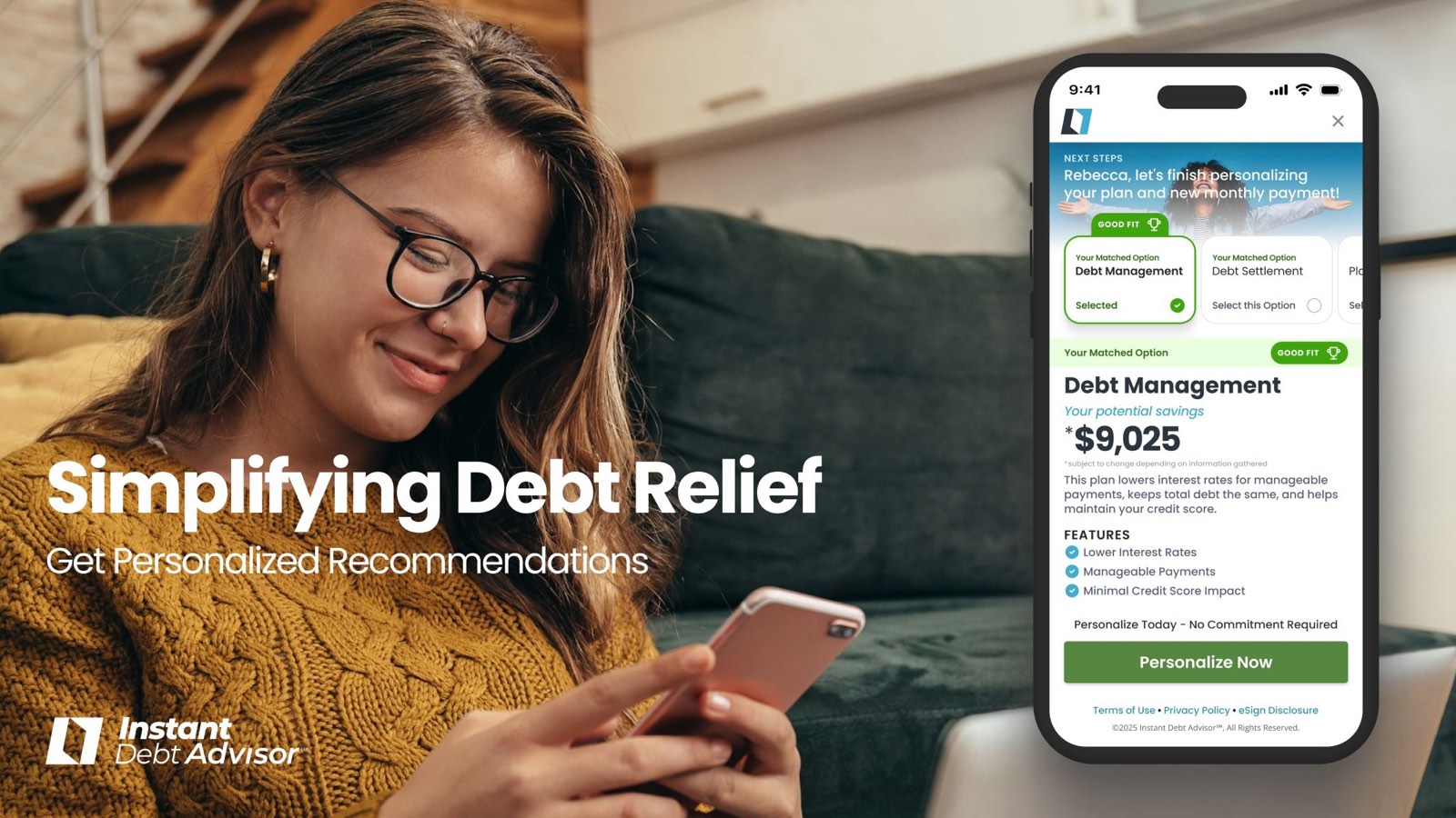 Instant Debt Advisor marketing image: a phone showing a matched debt management option and potential savings.